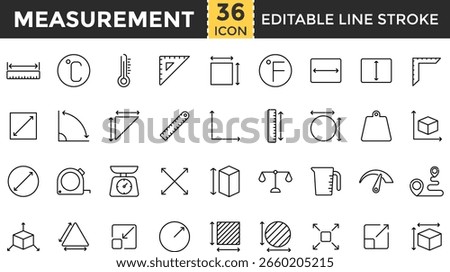 Measurement Line Icon Set. Pixel Perfect and Outline Editable Stroke Icons collection for Scale, Ruler, Weight, Length, Height, Dimension, Size, Volume, Metrics, Precision, Calculation, and Unit