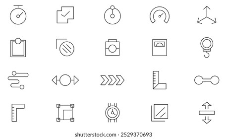 Conjunto de iconos de línea de medida. Tamaño, parámetro, escala, aumento, disminución, perímetro, longitud, peso, dimensión, pie, conjunto de iconos de línea de medición. Paquete de iconos de línea delgada de interfaz de usuario.