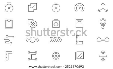 Measurement line icon set. Size, parameter, scaling, increase, decrease, perimeter, length, weight, dimension, foot, measuring line icon set. UI thin line icon pack.
