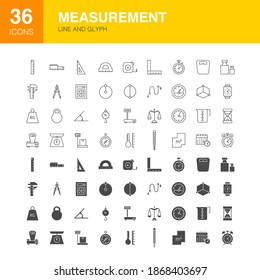 Measurement Line Web Glyph Icons. Vector Illustration of Measure Outline and Solid Symbols. 