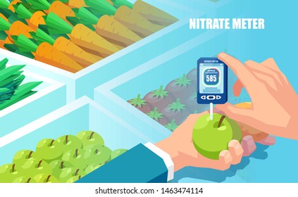 Measurement of nitrate levels concept. Vector of a hand holding the nitrate tester on a vegetables and fruits background 