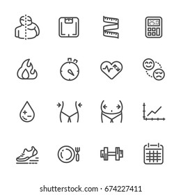 Measurement for obesity, its effects and lifestyle change for prevention. vector line icons