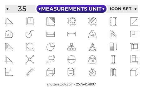 Measurement outline icons set with Measure, Area, Dimension, Distance, Diameter, Meter, Width, Radius, Length, weight and volume. Contains such icons as ruler, m2, area and more.
