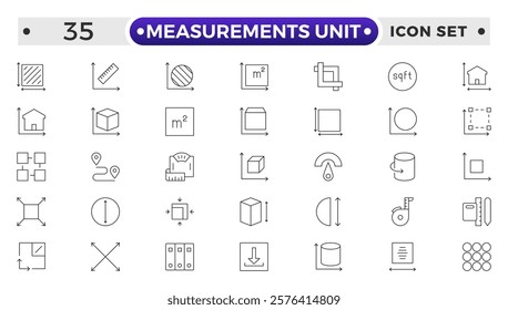 Measurement outline icons set with Measure, Area, Dimension, Distance, Diameter, Meter, Width, Radius, Length, weight and volume. Contains such icons as ruler, m2, area and more.
