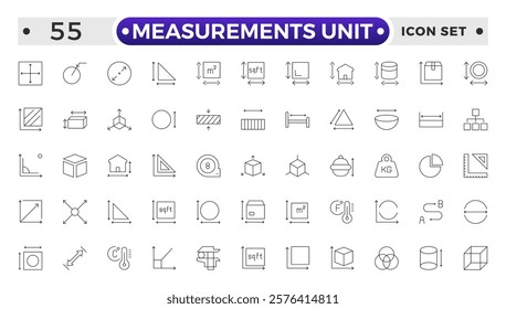 Measurement outline icons set with Measure, Area, Dimension, Distance, Diameter, Meter, Width, Radius, Length, weight and volume. Contains such icons as ruler, m2, area and more.
