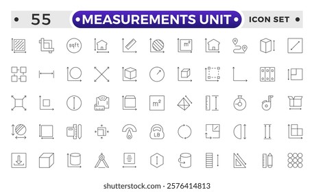 Measurement outline icons set with Measure, Area, Dimension, Distance, Diameter, Meter, Width, Radius, Length, weight and volume. Contains such icons as ruler, m2, area and more.
