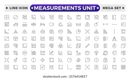 Measurement outline icons set with Measure, Area, Dimension, Distance, Diameter, Meter, Width, Radius, Length, weight and volume. Contains such icons as ruler, m2, area and more.
