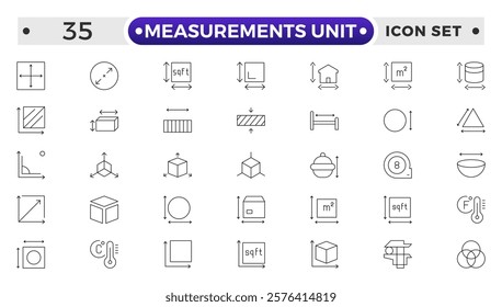 Measurement outline icons set with Measure, Area, Dimension, Distance, Diameter, Meter, Width, Radius, Length, weight and volume. Contains such icons as ruler, m2, area and more.
