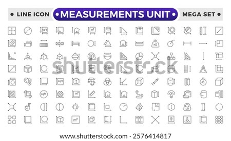 Measurement outline icons set with Measure, Area, Dimension, Distance, Diameter, Meter, Width, Radius, Length, weight and volume. Contains such icons as ruler, m2, area and more.
