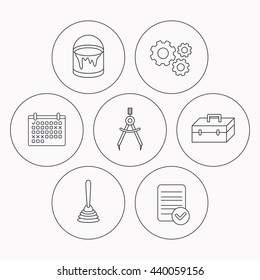Measurement, plunger and repair toolbox icons. Bucket of paint linear sign. Check file, calendar and cogwheel icons. Vector