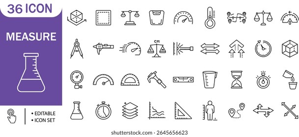 Measurement and Precision Tools Icon Set , Scale, Gauge, Ruler, Thermometer, Editable, Vector