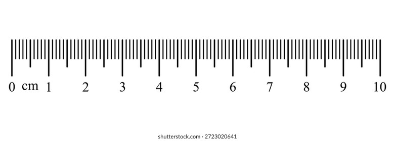Gráfico de Regla de medición que muestra una escala de 10 centímetros con marcas numéricas claras. Concepto de medición de longitud simple y precisa adecuado para matemáticas, educación, costura, dimensionamiento y uso de diseño técnico.