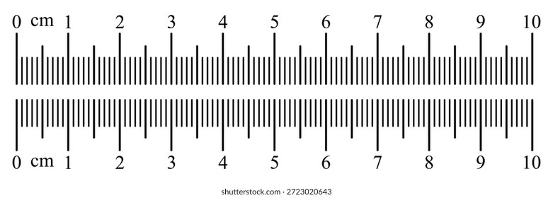Gráfico de Regla de medición que muestra una escala de 10 centímetros con marcas numéricas claras. Concepto de medición de longitud simple y precisa adecuado para matemáticas, educación, costura, dimensionamiento y uso de diseño técnico.