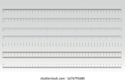 Measurement scale, markup for a ruler. Measuring tool. The release of the ruler. Size indicator units. Metric inch size indicators. Vector illustration.