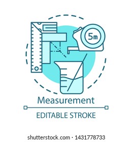 Measurement science experiment, measuring tools concept icon. Tape measure, measuring beaker with scales,  idea thin line illustration. Vector isolated outline drawing. Editable stroke