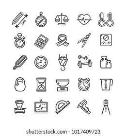 Measurement Signs Black Thin Line Icon Set Include of Tape, Ruler, Speedometer, Thermometer, Scale and Stopwatch. Vector illustration
