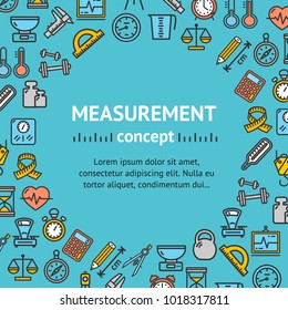 Measurement Signs Round Design Template Line Icon Frame Design Measuring Concept Engineering Business Service on a Blue. Vector illustration