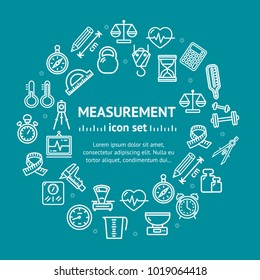 Measurement Signs Round Design Template Line Icon Concept on a Blue for Ad Business Concept. Vector illustration