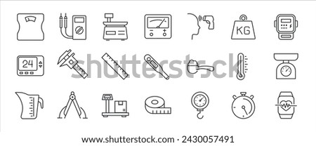 Measurement simple minimal thin line icons. Related scale, theromoeter, distance. Vector illustration.