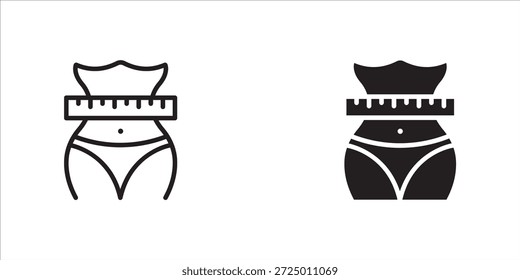 Tamanho da Medida da Cintura de Circunferência com Ícone de Linha de Fita. Cintura Fina com Pictograma Linear de Fita de Medida. Ícone de Contorno do Conceito de Beleza Feminina. Traço editável. Ilustração de vetor isolada.