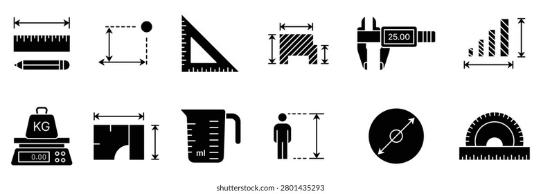 Measurement solid set containing tools for scale, ruler, weight, height, volume, diameter, angle, distance, dimension, blueprint, engineering, geometry, architectural, mathematical calculations.