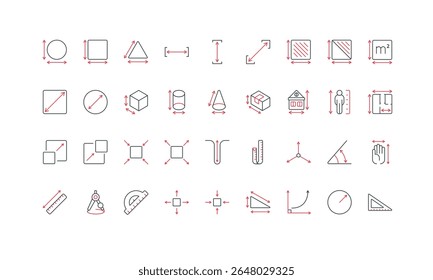 Measurement space, length and width, thickness of geometric shape, dimension arrows line icon set. Precision measuring of person height, building and box thin black and red symbols vector illustration