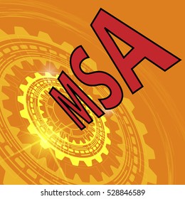 Measurement system analysis study background. Orange industrial background with gear and red title MSA