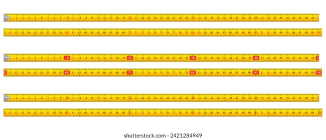 Measurement tape for carpentry, yellow ruler with scale metric. Carpenter measuring tape, metric tape measure.