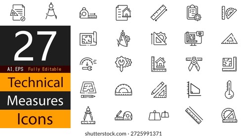 Iconos de medición y métricas técnicas para ingeniería y análisis de Industriales