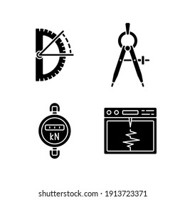 Herramientas de medición iconos de glifos negros establecidos en el espacio blanco. Protractor de semicírculo. Herramienta de brújula. Dinamómetro. Sismografo. Dibujo arquitectónico. Símbolos de silueta. Ilustración aislada del vector