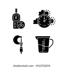 Measurement tools black glyph icons set on white space. Radiation dosimeter. Barometer. Culinary, bakery purposes. Micrometer. Geiger counter. Silhouette symbols. Vector isolated illustration