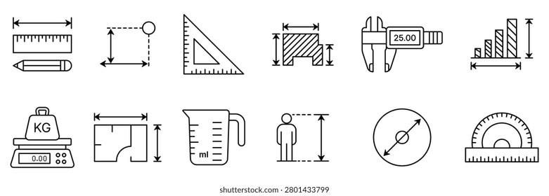 Measurement tools icon set including ruler, caliper, scale, protractor, measuring cup, height, width, dimension symbols, linear outline vector illustration.