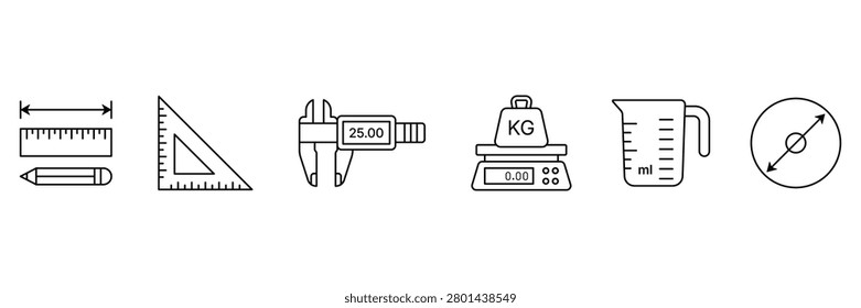 Measurement tools icon set, including ruler, pencil, triangular square, digital caliper, weight scale, measuring cup, diameter indicator, vector illustration.