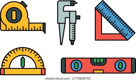 Measurement tools icon set with tape measure caliper ruler protractor and level