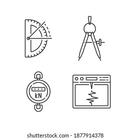 Measurement tools linear icons set. Half circle protractor. Compass tool. Dynamometer. Seismograph. Customizable thin line contour symbols. Isolated vector outline illustrations. Editable stroke