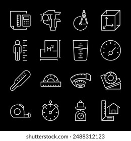 Measurement tools, white line icons. Instruments for accurate measurement of length, width, and depth. Essential for engineering and construction visuals. Symbols on black background. Editable stroke.