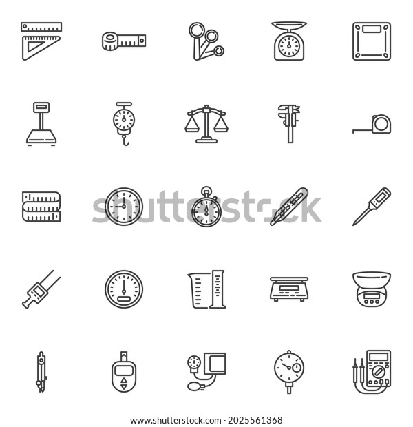 Measurement types line icons set. linear style\
symbols collection, outline signs pack. vector graphics. Set\
includes icons as tape measure, digital multimeter, kitchen scales,\
thermometer, ruler