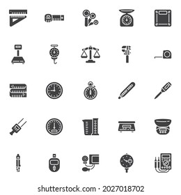 Tipos de medida conjunto de iconos vectoriales, colección moderna de símbolos sólidos, paquete de pictogramas estilo relleno. Señales, ilustración del logotipo. El conjunto incluye iconos como medida de cinta, multímetro digital, báscula de cocina, regla