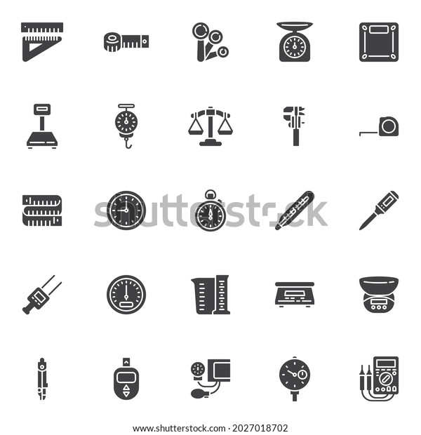 Measurement types vector icons set, modern solid\
symbol collection, filled style pictogram pack. Signs, logo\
illustration. Set includes icons as tape measure, digital\
multimeter, kitchen scales,\
ruler