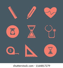 measurement vector icons set. with kitchen scale, ruler, stethoscope and tape measure in set