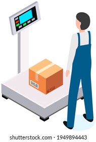 Measurement of weight of box with goods using scales. International shipping worldwide from China