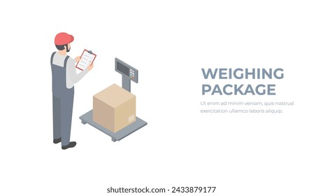 Measurement of weight of box with goods using scales. International shipping worldwide concept. A warehouse worker weighs a parcel. Weighing the parcel.