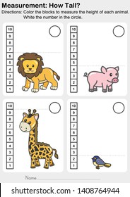 Measurement worksheet - Color the blocks to measure the height of each animal. White the number in the circle. - Worksheet for education.