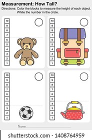 Measurement worksheet - Color the blocks to measure the height of each animal. White the number in the circle. - Worksheet for education.