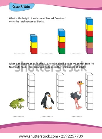 Measurement worksheet. Measuring height with blocks. Coloring blocks, Worksheet for preschool kids. Education development worksheet. Game for kids. Color activity page. 