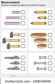 Measurement worksheet - Number the object from shortest to longest - Worksheet for education.