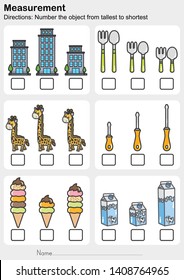 Measurement worksheet - Number the object from tallest to shortest - Worksheet for education.