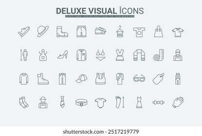 Measurements for buying shirt and suit, textile dress and swimsuit, trousers and cap for man and woman thin black outline symbols vector illustration. Fashion clothes and shoes line icons set.