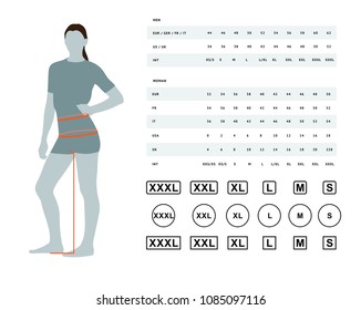 Measurements for clothing. Vector illustration of the dimensions of the female waist and hips. Size chart for women. Model template with international sizes can be used for female linen, clothes