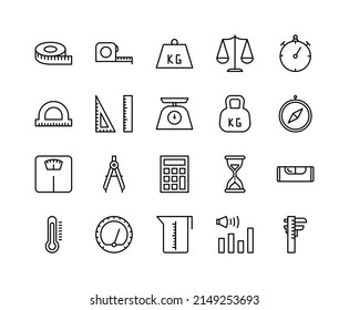 Measurements flat line icons set. Contains such icons stopwatch, scales, draw compass, ruler, measuring tape, sand clock, thermometer. Simple flat vector illustration for web site or mobile app.